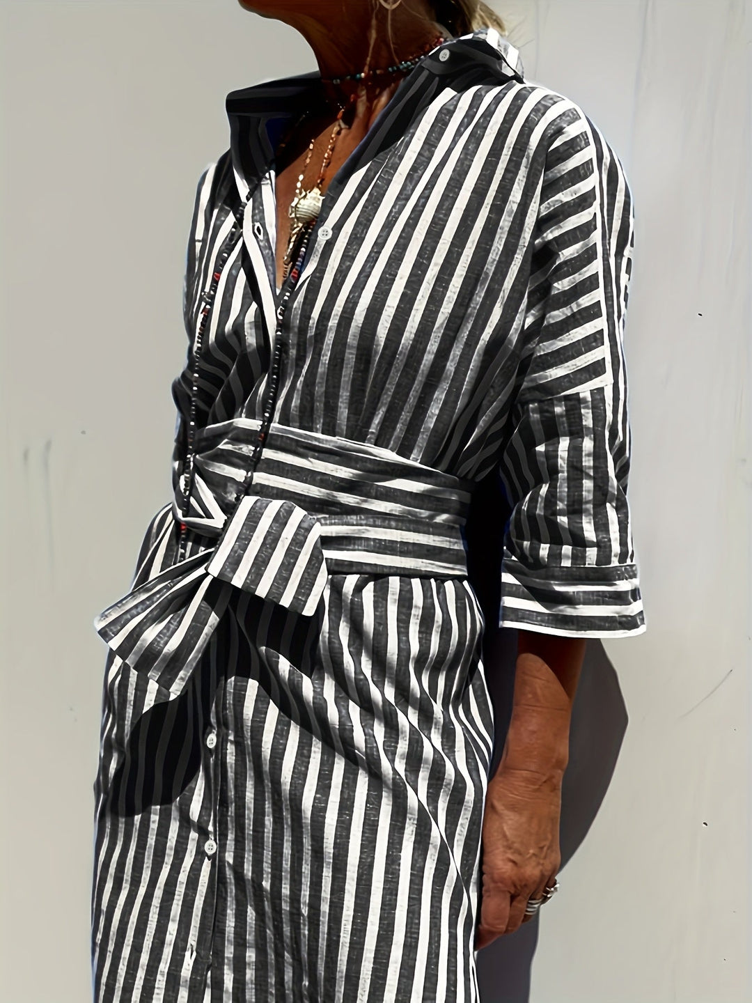 Christine - Women's Striped Shirt Dress with Belt & Button Closure