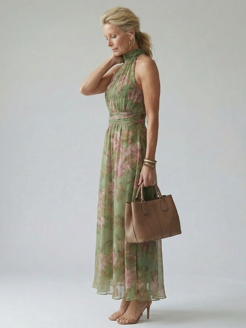 Mirelle - Women's Floral Halter Midi Dress | Gathered Bodice