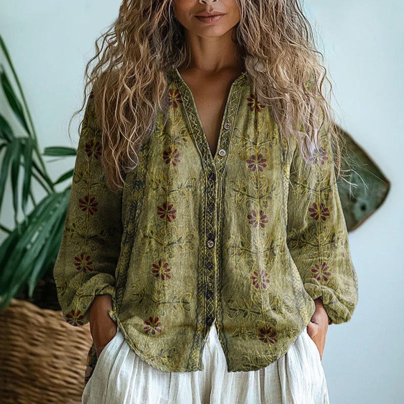 Brianna | Women's Vintage Leaf Print Shirt — Elegant Fit