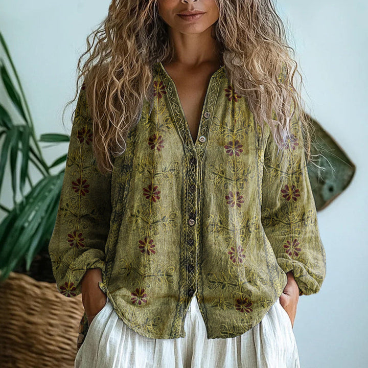 Brianna | Women's Vintage Leaf Print Shirt — Elegant Fit