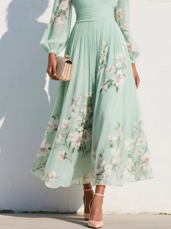 Prescela | V-Neck Chiffon Floral Midi Dress