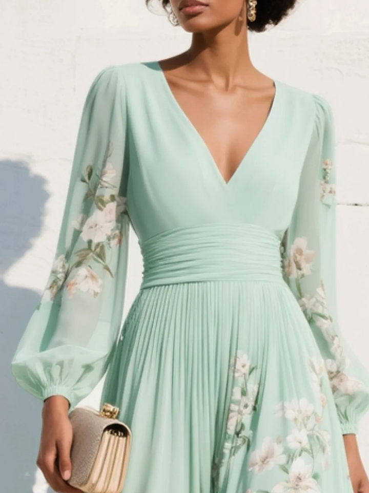 Prescela | V-Neck Chiffon Floral Midi Dress