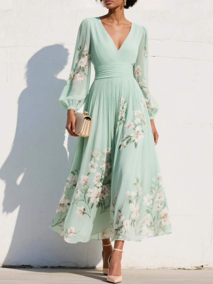 Prescela | V-Neck Chiffon Floral Midi Dress
