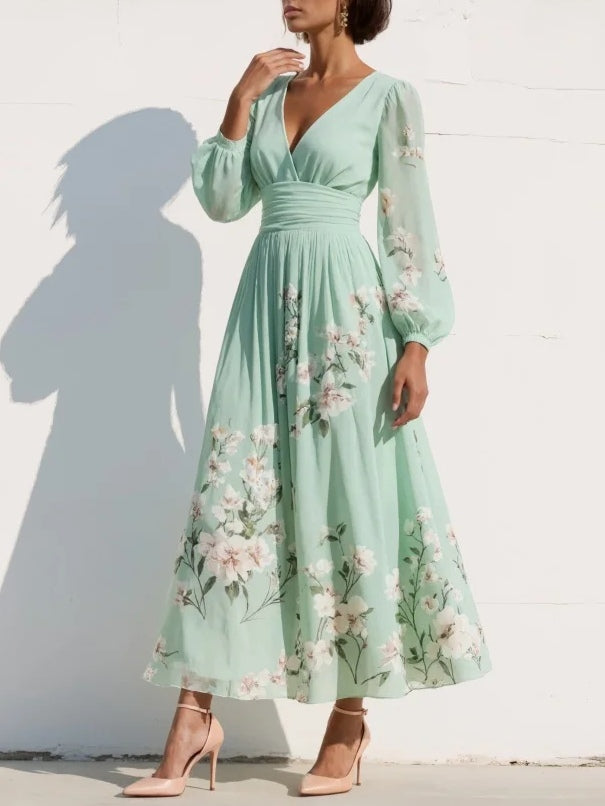 Prescela | V-Neck Chiffon Floral Midi Dress