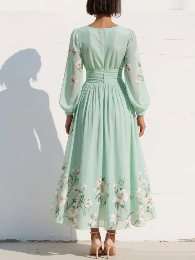 Prescela | V-Neck Chiffon Floral Midi Dress