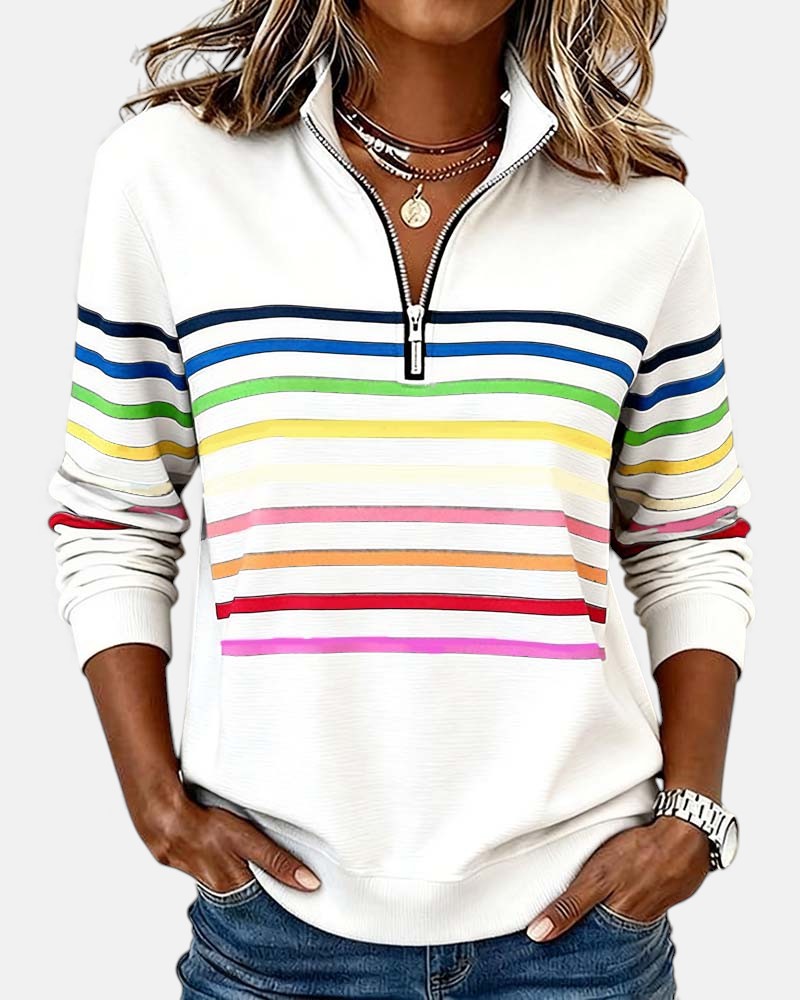 Vera - Women's Relaxed Striped Sweater with Zip Collar