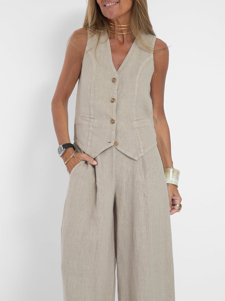 Suzanne - Women's Sleeveless V-Neck Vest & Wide-Leg Pants Set