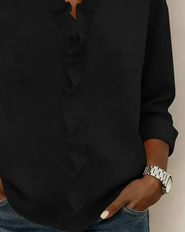 Indie | Women's Ruffled V-Neck Blouse — Long Sleeve