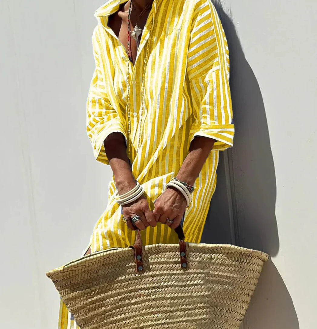 Christine - Women's Striped Shirt Dress with Belt & Button Closure
