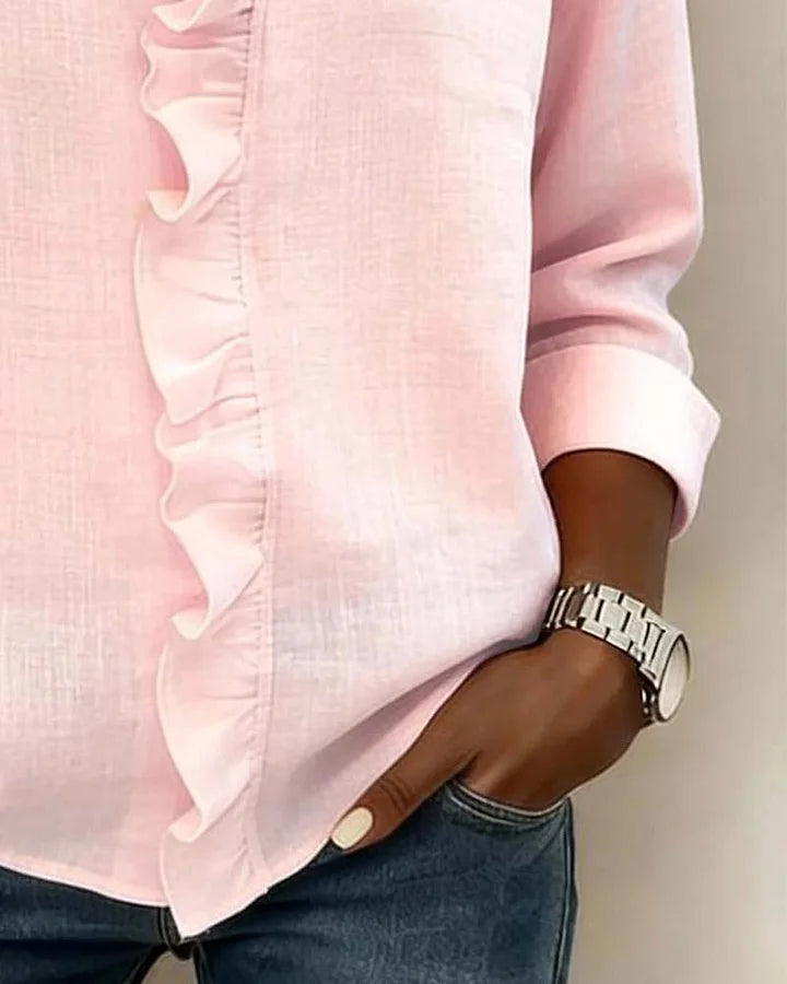 Indie | Women's Ruffled V-Neck Blouse — Long Sleeve