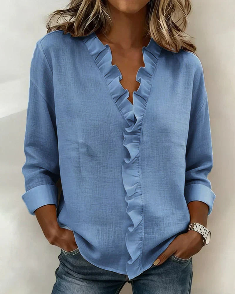 Indie | Women's Ruffled V-Neck Blouse — Long Sleeve