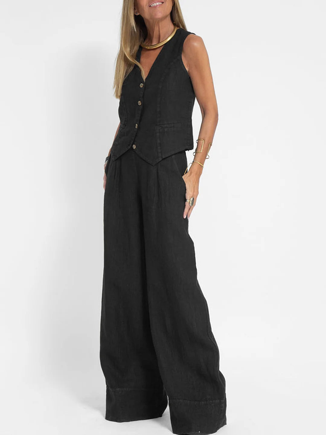 Suzanne - Women's Sleeveless V-Neck Vest & Wide-Leg Pants Set