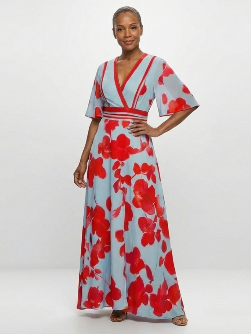 Amelia | V Neck Short Sleeve Floral Maxi Dress