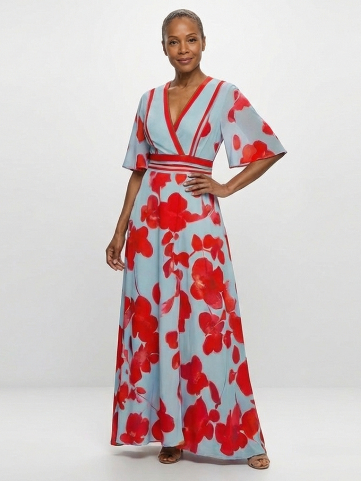 Amelia | V Neck Short Sleeve Floral Maxi Dress