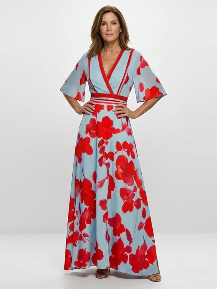 Amelia | V Neck Short Sleeve Floral Maxi Dress