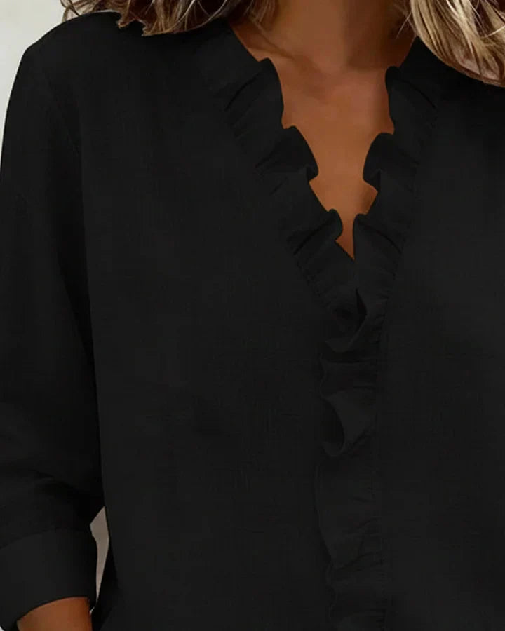 Indie | Women's Ruffled V-Neck Blouse — Long Sleeve