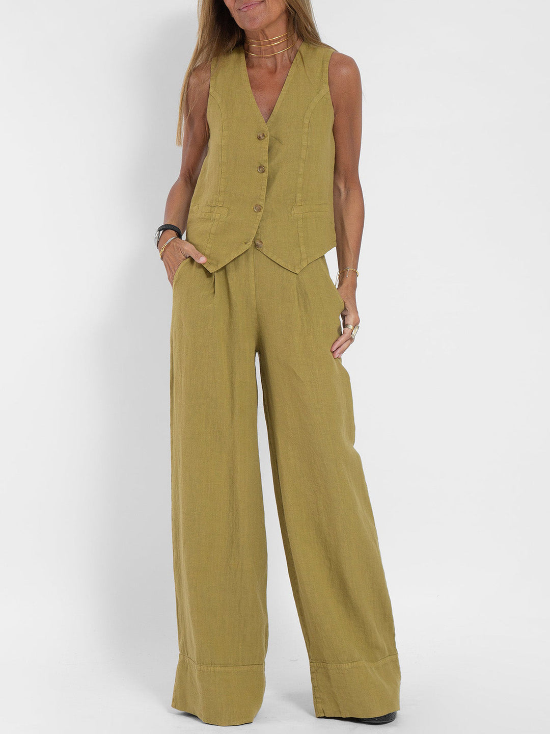 Suzanne - Women's Sleeveless V-Neck Vest & Wide-Leg Pants Set
