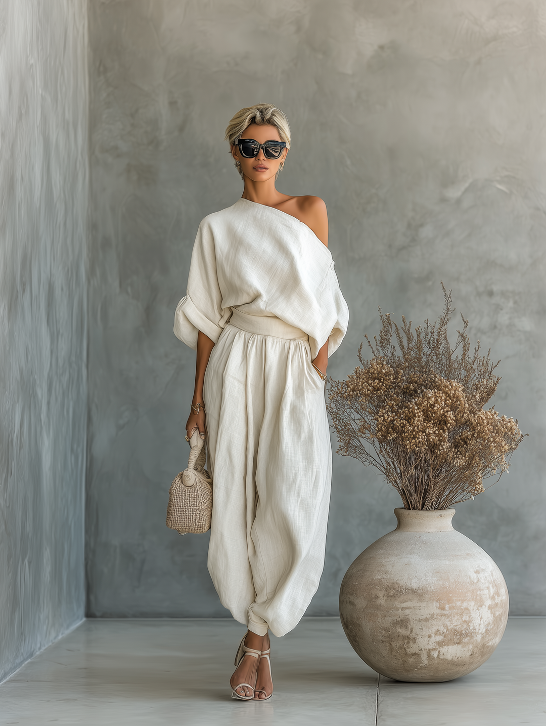 Victoria™ | Off-Shoulder Linen Top and Tapered Pants Set