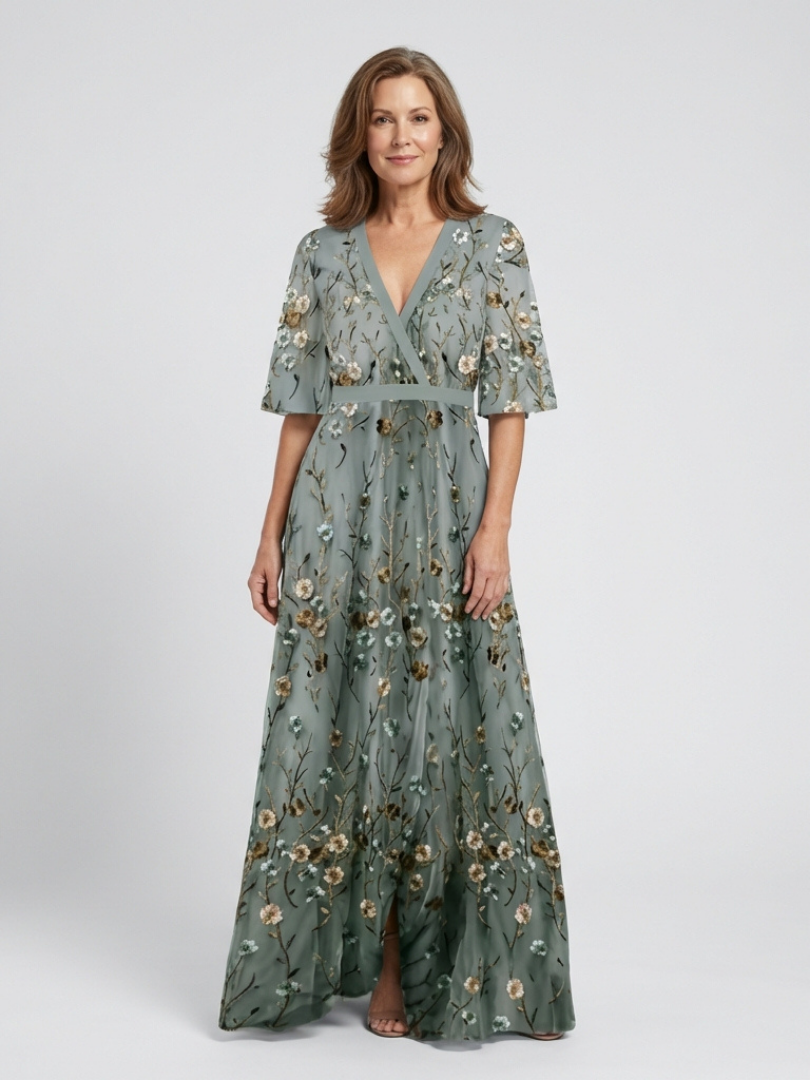 Mia  | Floral V Neck Short Sleeve Maxi Dress