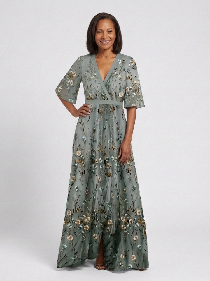 Mia  | Floral V Neck Short Sleeve Maxi Dress