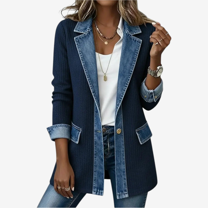 Emilia - Women's Mixed-Knit Jacket — Contrast Trim Detail