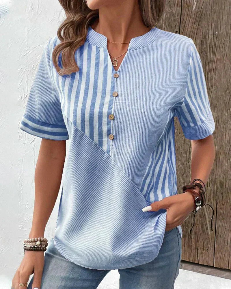 Lila | Women's Striped Blouse — Notched Neck & Flared Sleeves